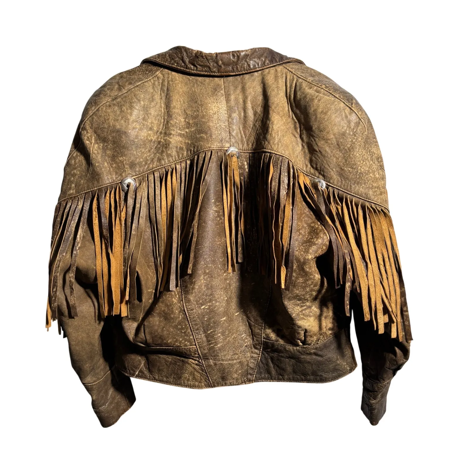VTG Brown Leather Fringe Jacket Moto Crop Boho Western Rodeo Sz M Distressed SEE Size M - Image 2