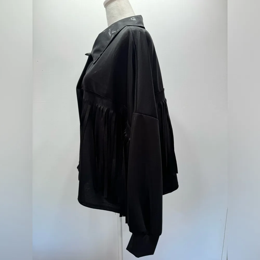 Bucketlist Shiny Black Western Button Front Shirt Jacket with Fringe Large - Image 7