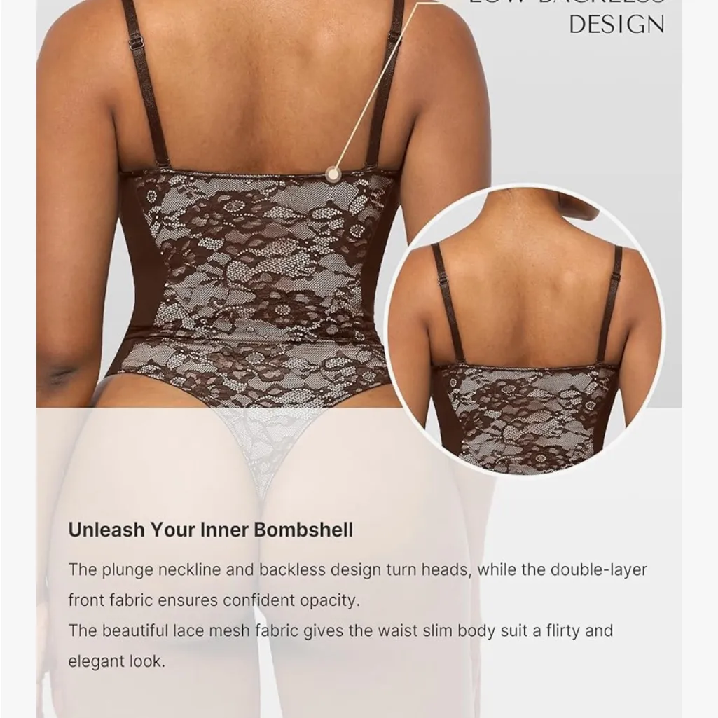 SHAPELLX Shapewear for Women Tummy Control Lace Bodysuit Brown - Image 3