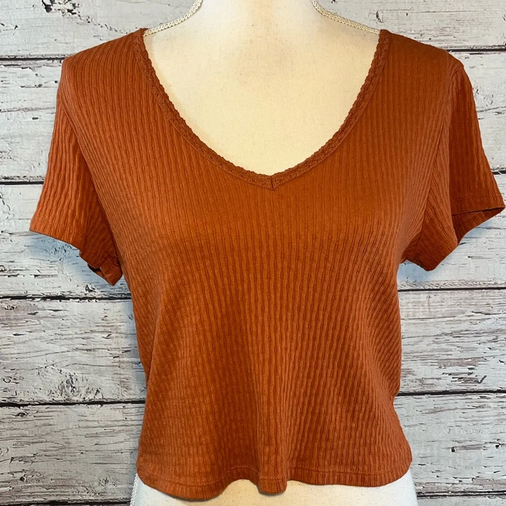 WILD FABLE Cropped Knit Short Sleeve V Neck Top with Crochet Collar Rust-XL - Image 2