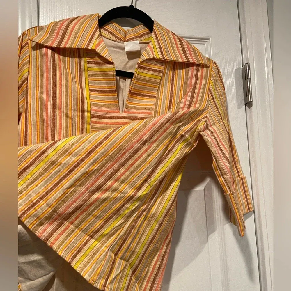VTG 70s AJ Uppers Pointed Collar 3/4 Sleeve Yellow Striped V Neck Top Size L Gold Size L - Image 5