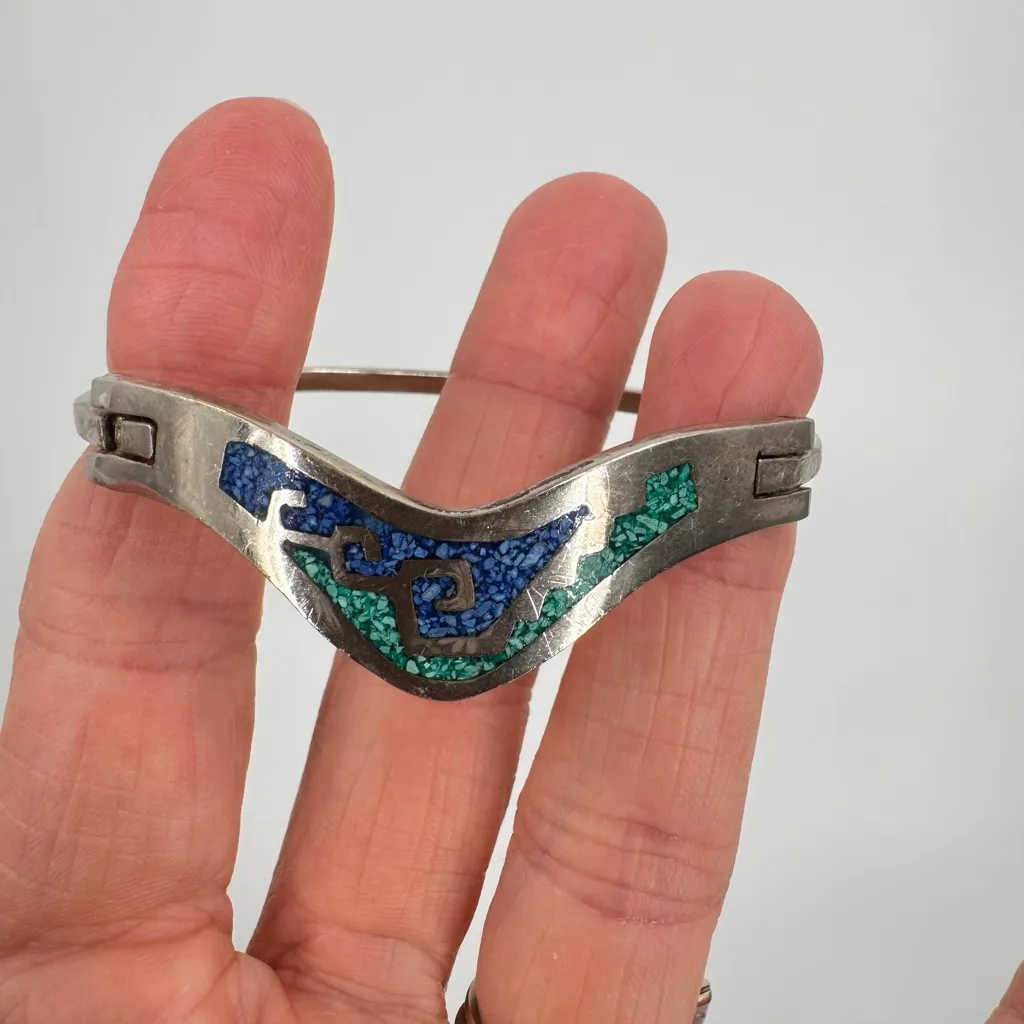 Sterling Silver Bangle Bracelet Southwestern Inlaid Stone Stamped Alpaca Mexico - Image 4