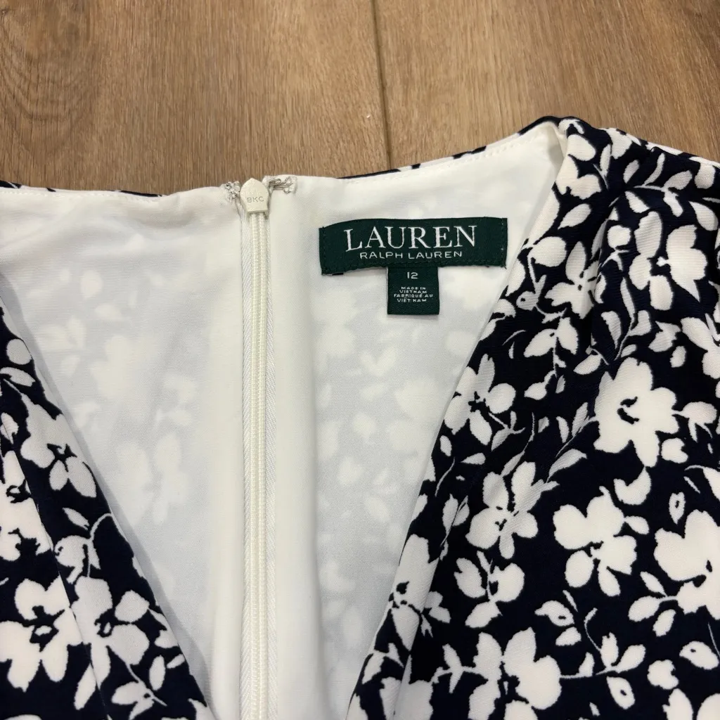 🌟LAUREN RALPH LAUREN🌟 RODYA FLORAL PRINT FAUX WRAP KNIT DRESS BLUE WHITE SZ 12 - Image 4