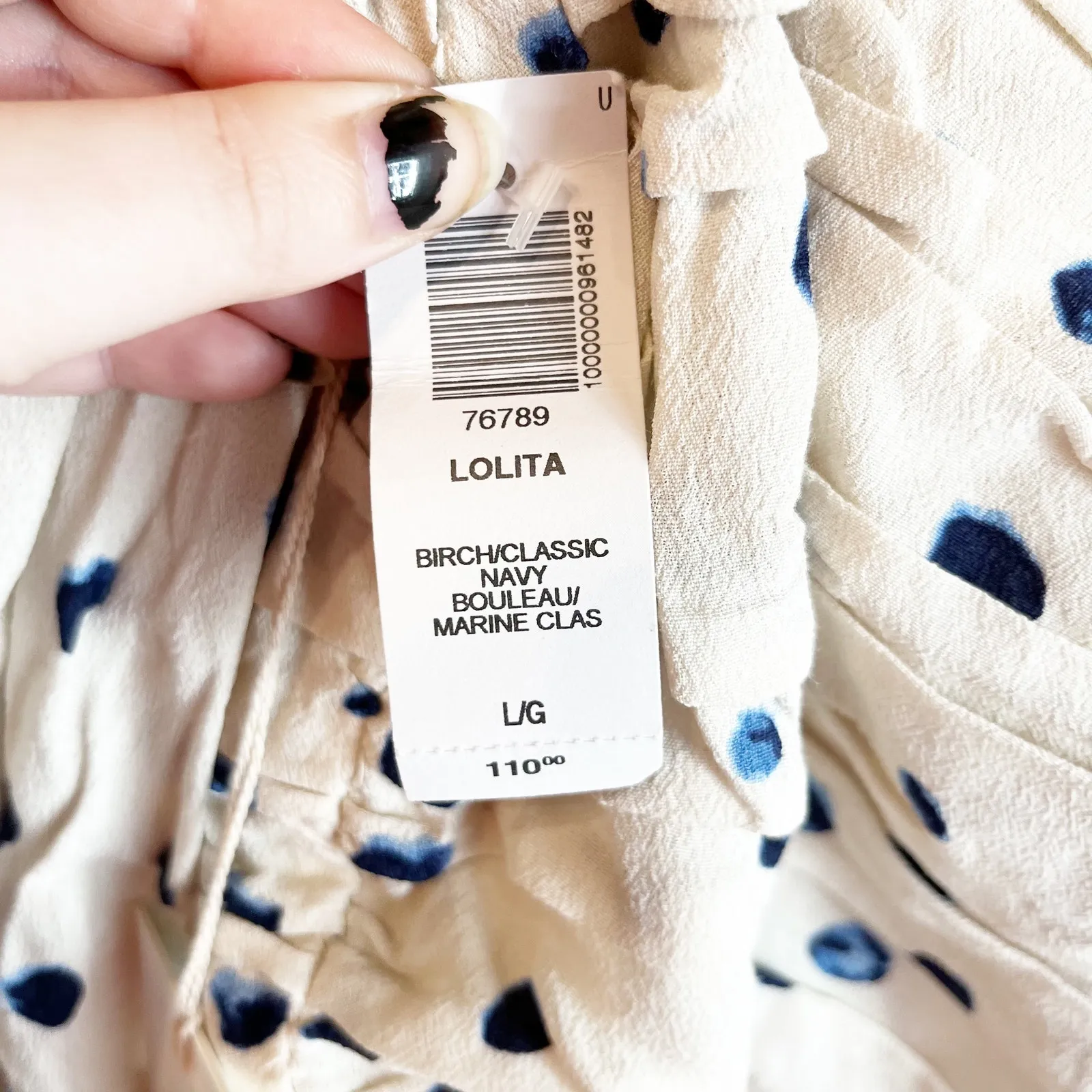 Wilfred Puff Sleeve Polka Dot Crop Lolita Blouse Birch Classic Navy Large NWT - Image 4