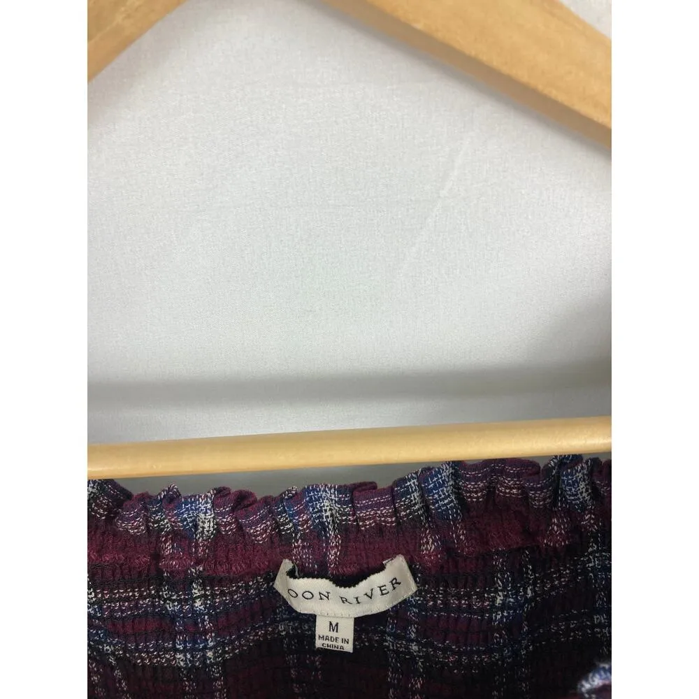 Moon River Plaid Purple Smocked Off Shoulder Crop Top Size Medium - Image 4