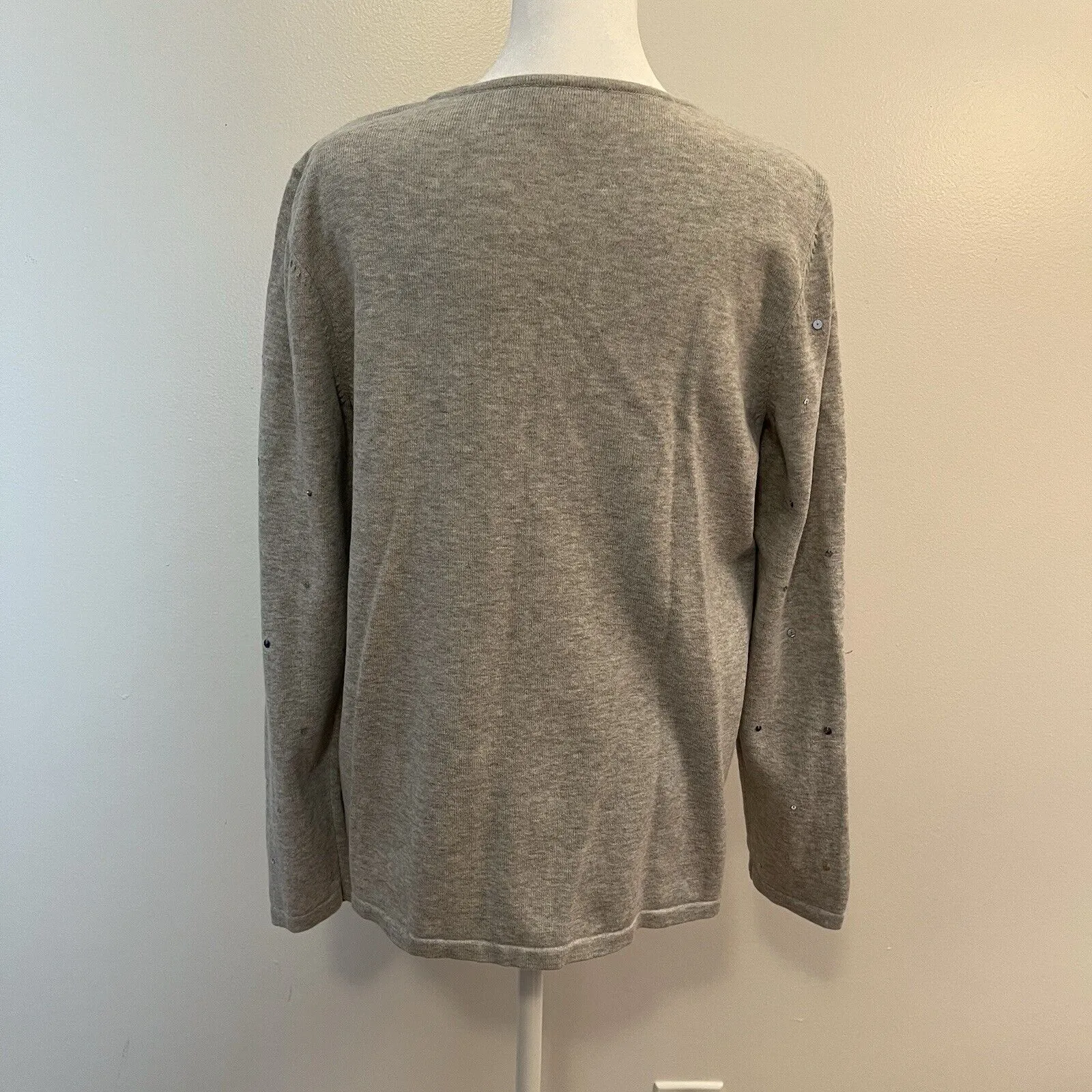 Quacker Factory 100% Cotton Gray Cardigan Sweater Sequins‎ Bling Button Front XS - Image 3
