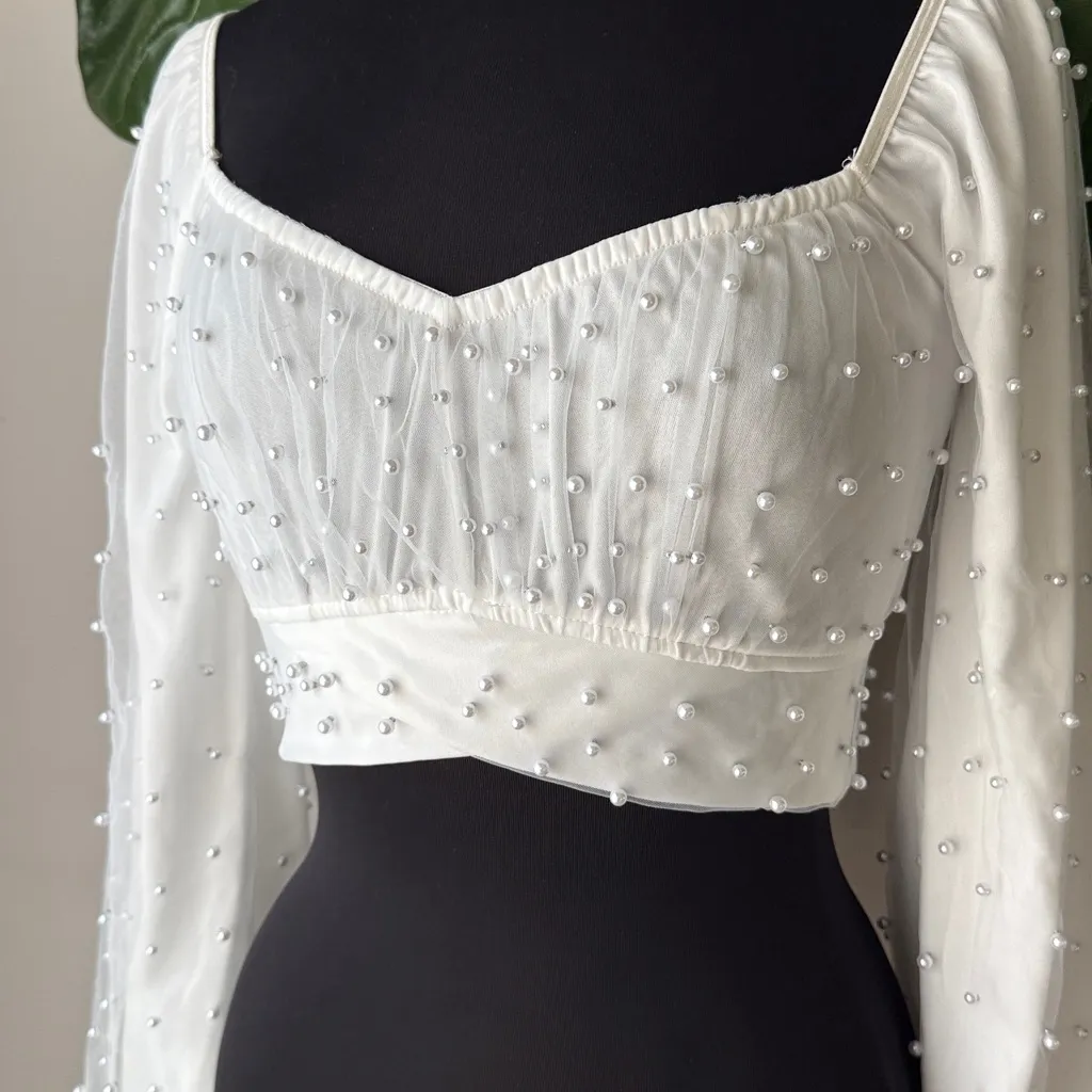 Windsor White Pearl Long Sleeve Breezy And Chic Sheer Crop Top - Image 5