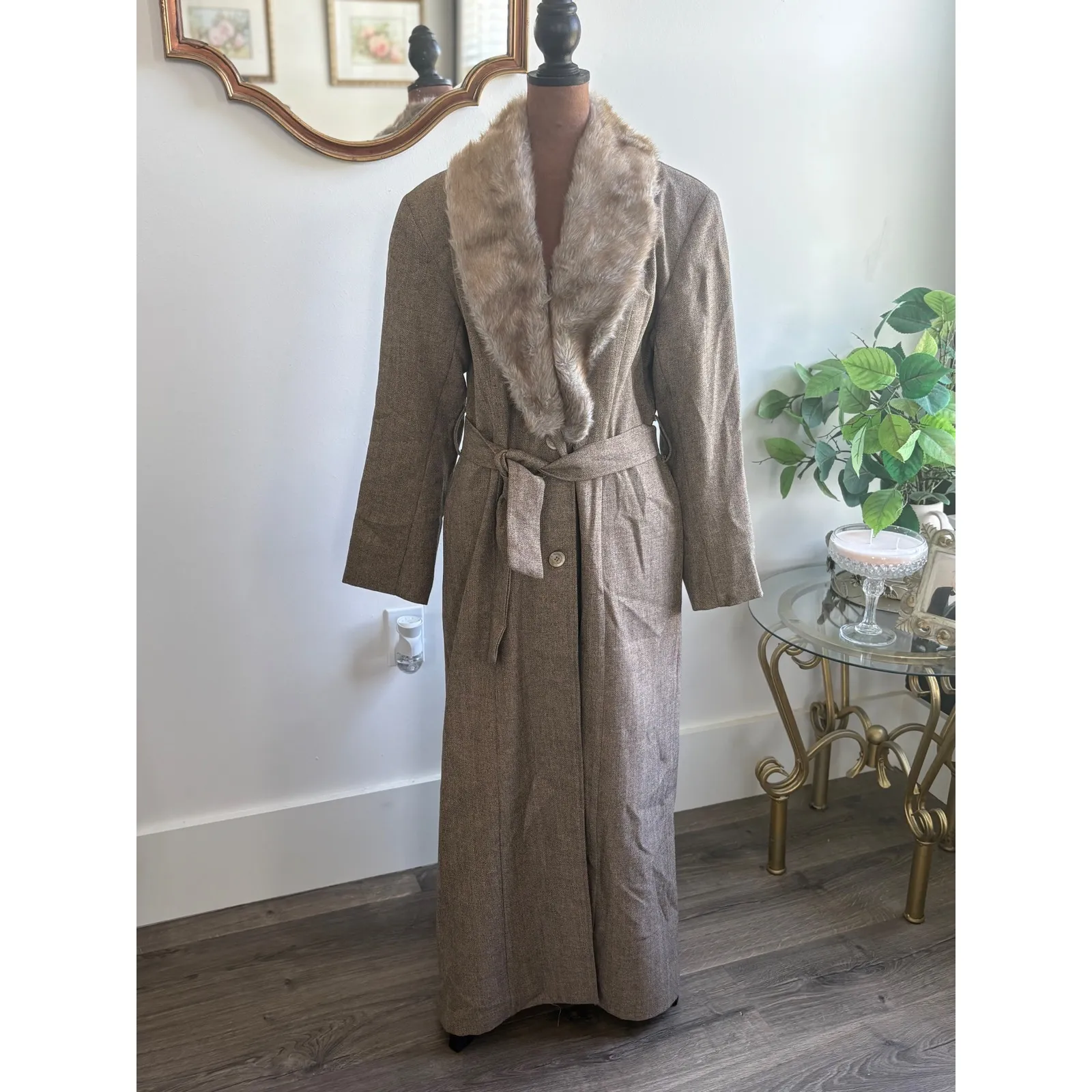 Vintage Eric Ryan Sport Tweed Maxi Coat Faux Fur‎ Collar Brown Size 10 - Image 4