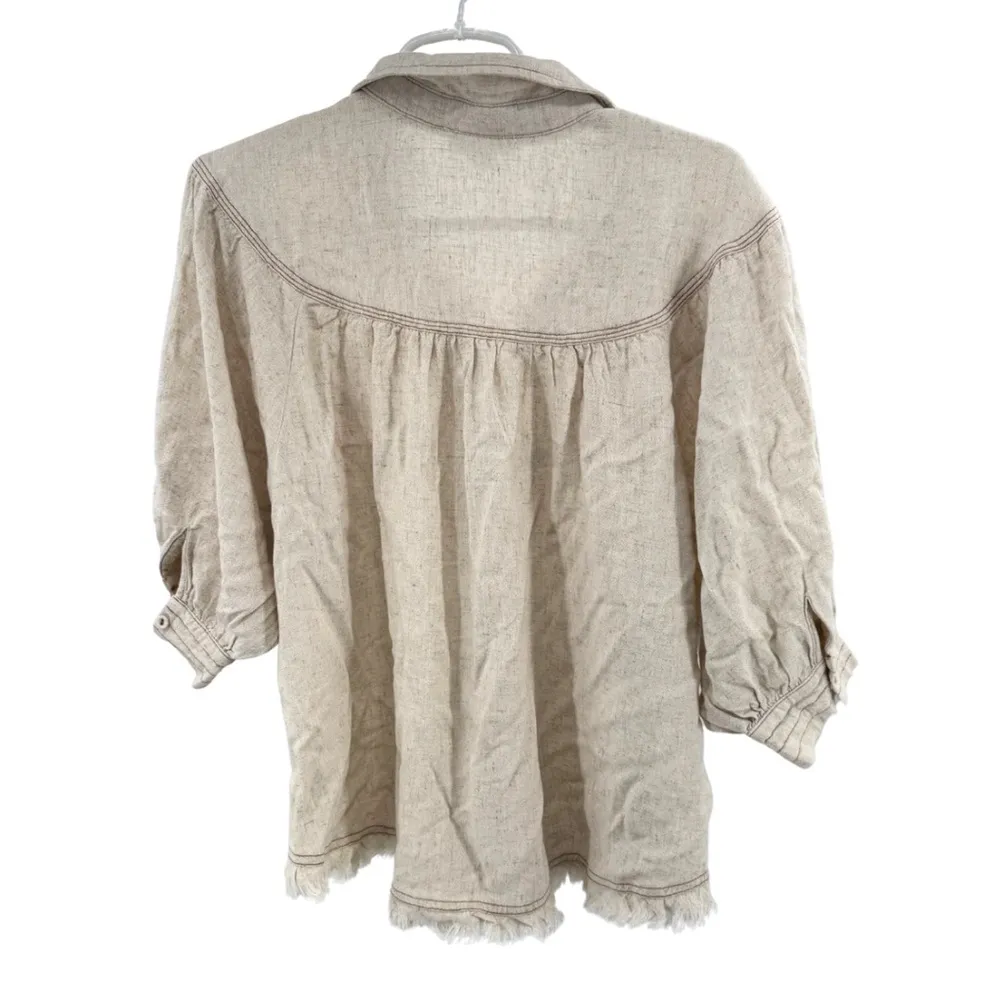 Umgee Natural Linen blend Blouse raw hem S oversized short balloon sleeve casual - Image 2