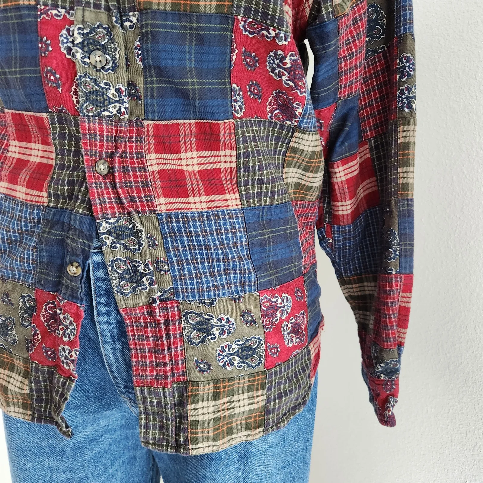 Vintage 90s Class Club Patchwork Plaid Bandana Print Cotton Button Down Shirt M Blue Size M - Image 3