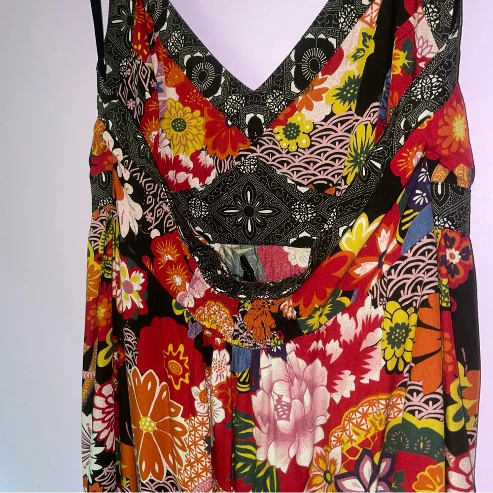 Lucky Brand Dress XS Red Japanese Floral Boho Print Halter Sundress Rayon - Image 7