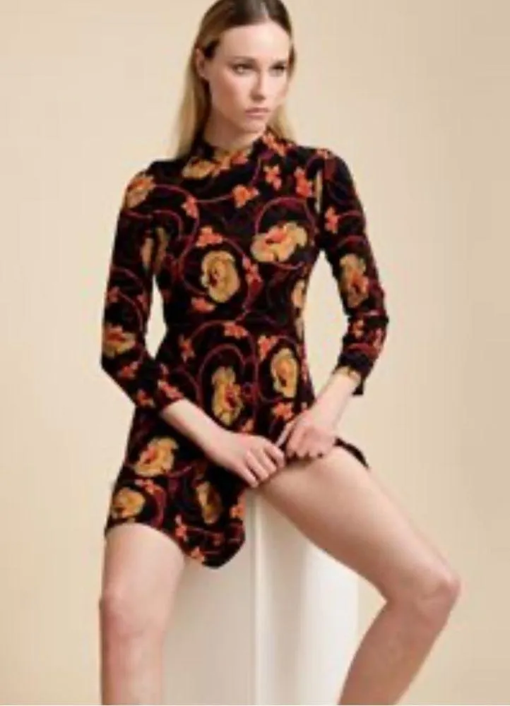 ZARA 70s High Neck Zip Long Sleeve Printed Flounce Tunic Short Stretch Dress - Image 2