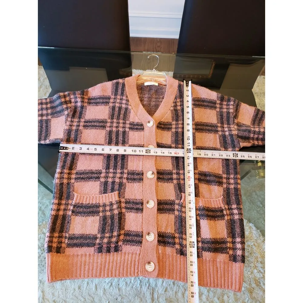The Be Brand Cardigan Sweater Women's Medium Pink Plaid Stretch Button Front - Image 8