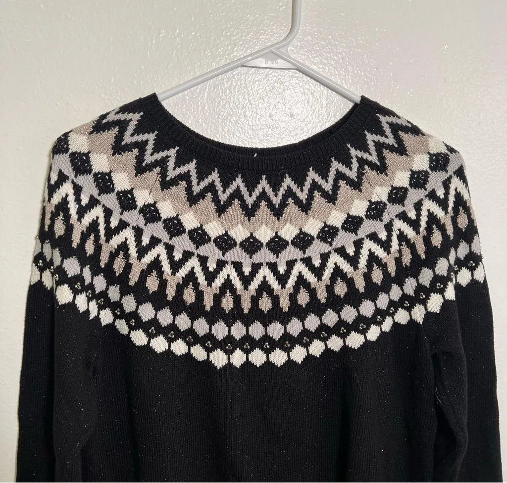 J. Jill Fair Isle Nordic Crewneck Sweater Black Sparkle S - Image 4