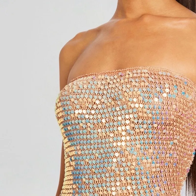 NWT RETROFETE Tan Tera Ballerina Colorway Sequin Fringe Crochet Dress Size M - Image 6