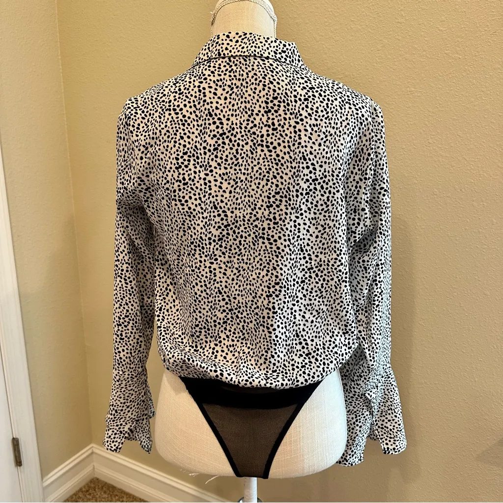 Lulu’s Always Lovely Ivory & Black Dotted Print Long Sleeve Bodysuit Size Small - Image 9