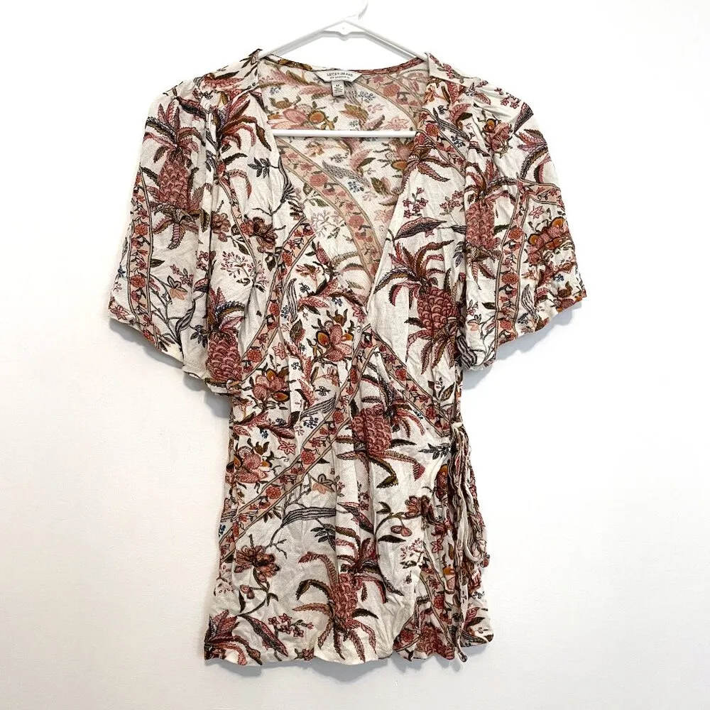 LUCKY BRAND Floral Print Wrap Top Cream Ivory Multi Short Sleeve Boho Surplice M - Image 2