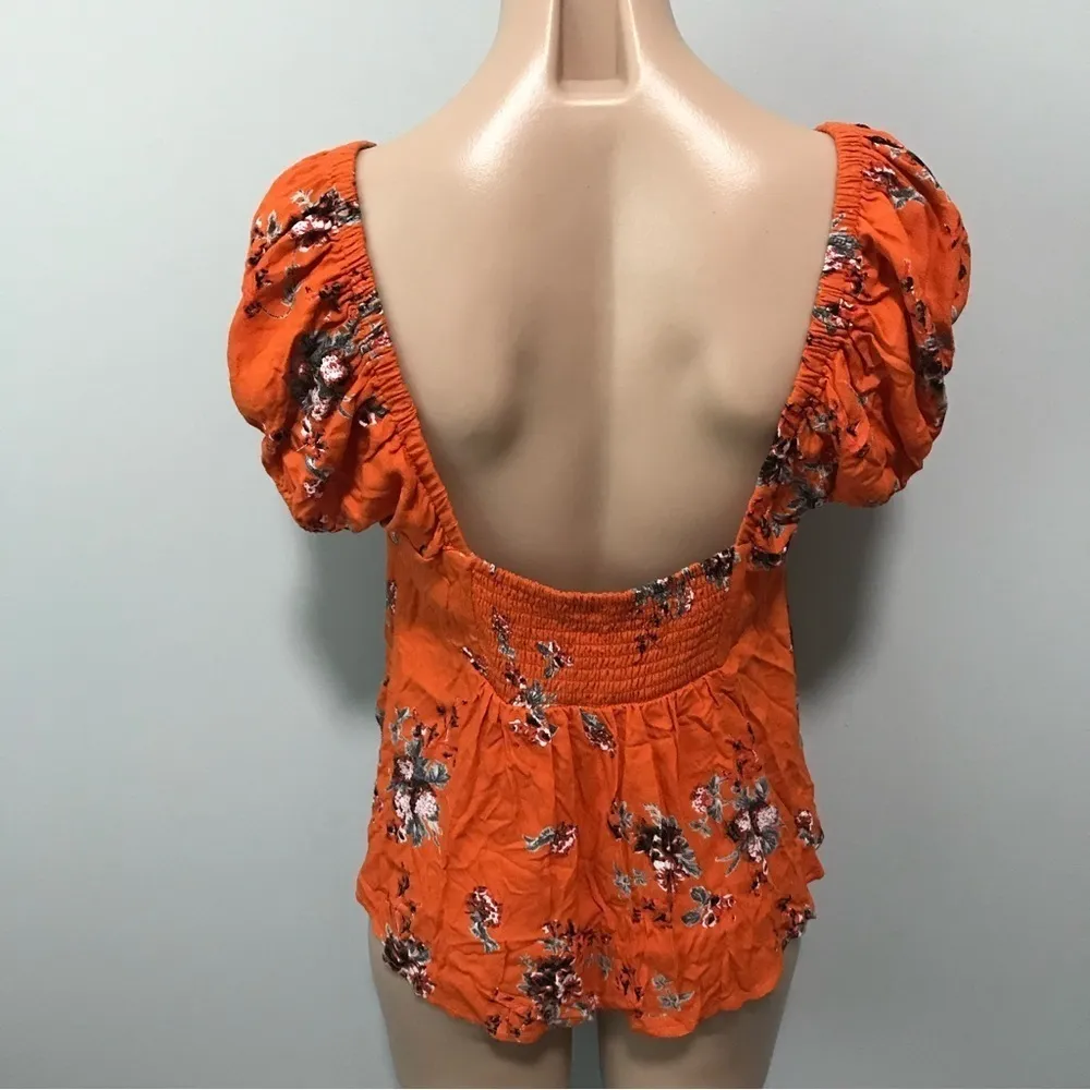 Free People Close To You Orange Floral Puff Sleeve Smocked Top Shirt Small - Image 4