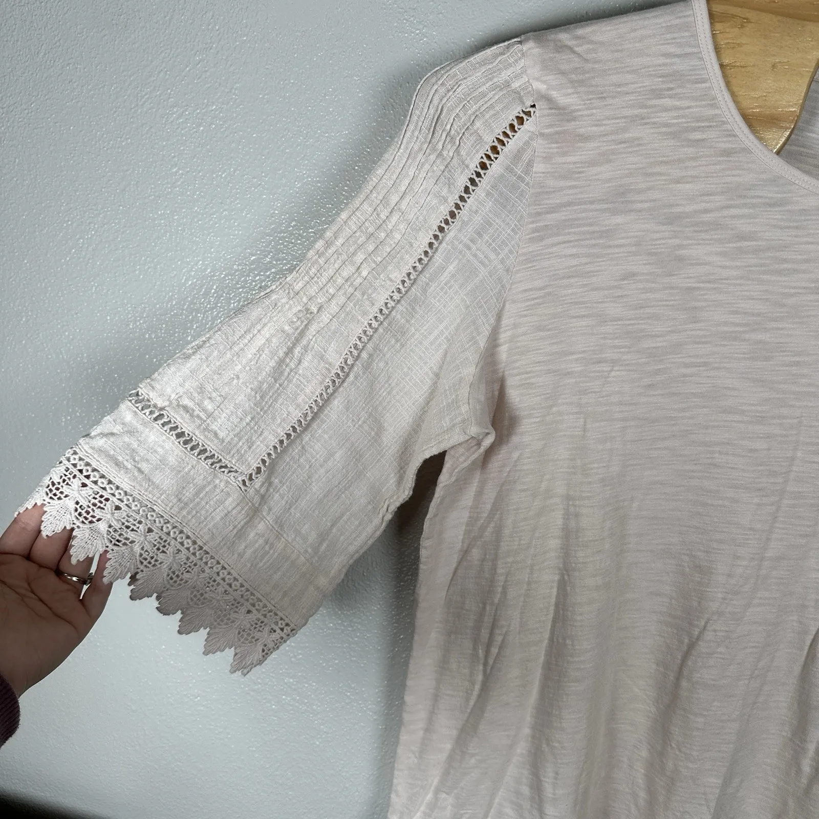 J Jill Womens XL Light Pink Crochet Gauze 3/4 Sleeves Boho Beachy Cotton Blend - Image 3