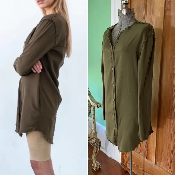 Tribe Kelley Eye See You Longline Raw Hem Button Up Tunic - Size Small - Image 2