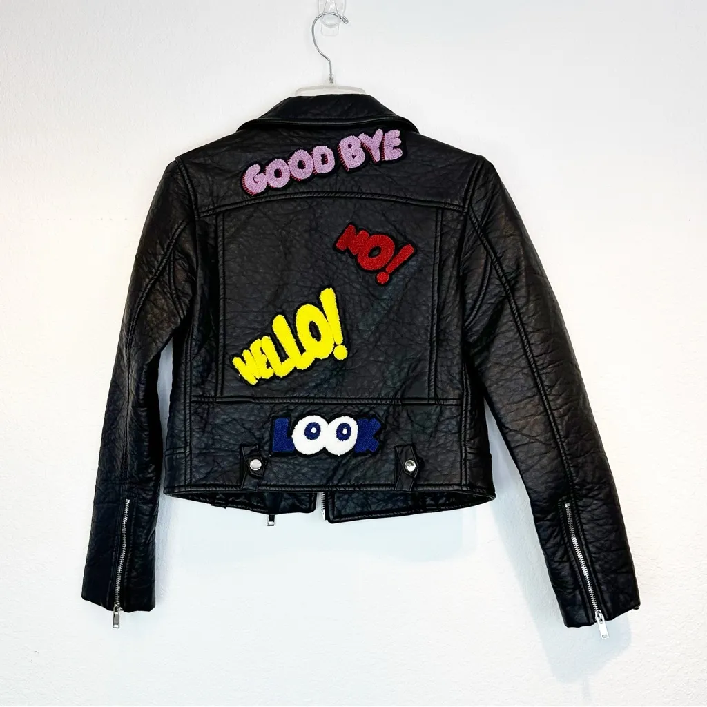 Veronica Beard Faux Black Leather Moto Jacket Patches Size 0/XS - Image 5