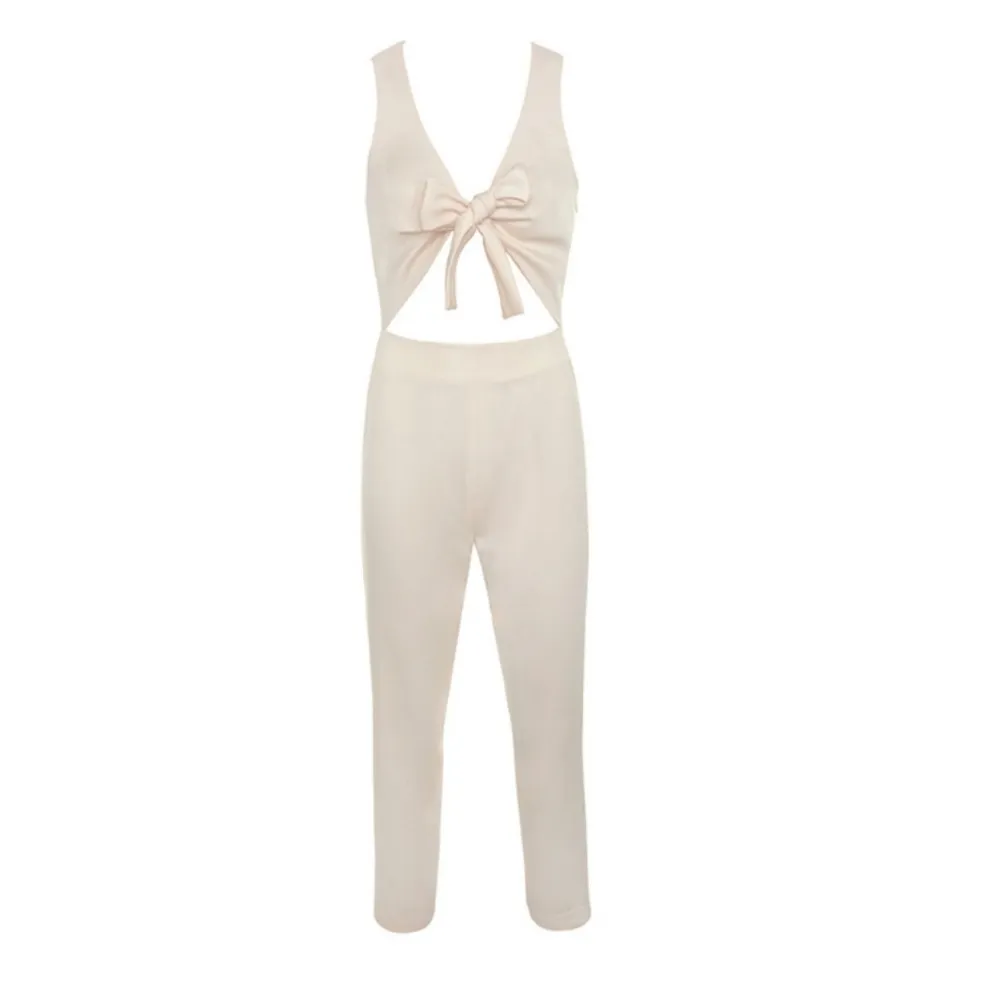 NWOT HOUSE OF CB 'Goya' Cream Crepe Knotted Front Jumpsuit Size M US 6-8 - Image 3