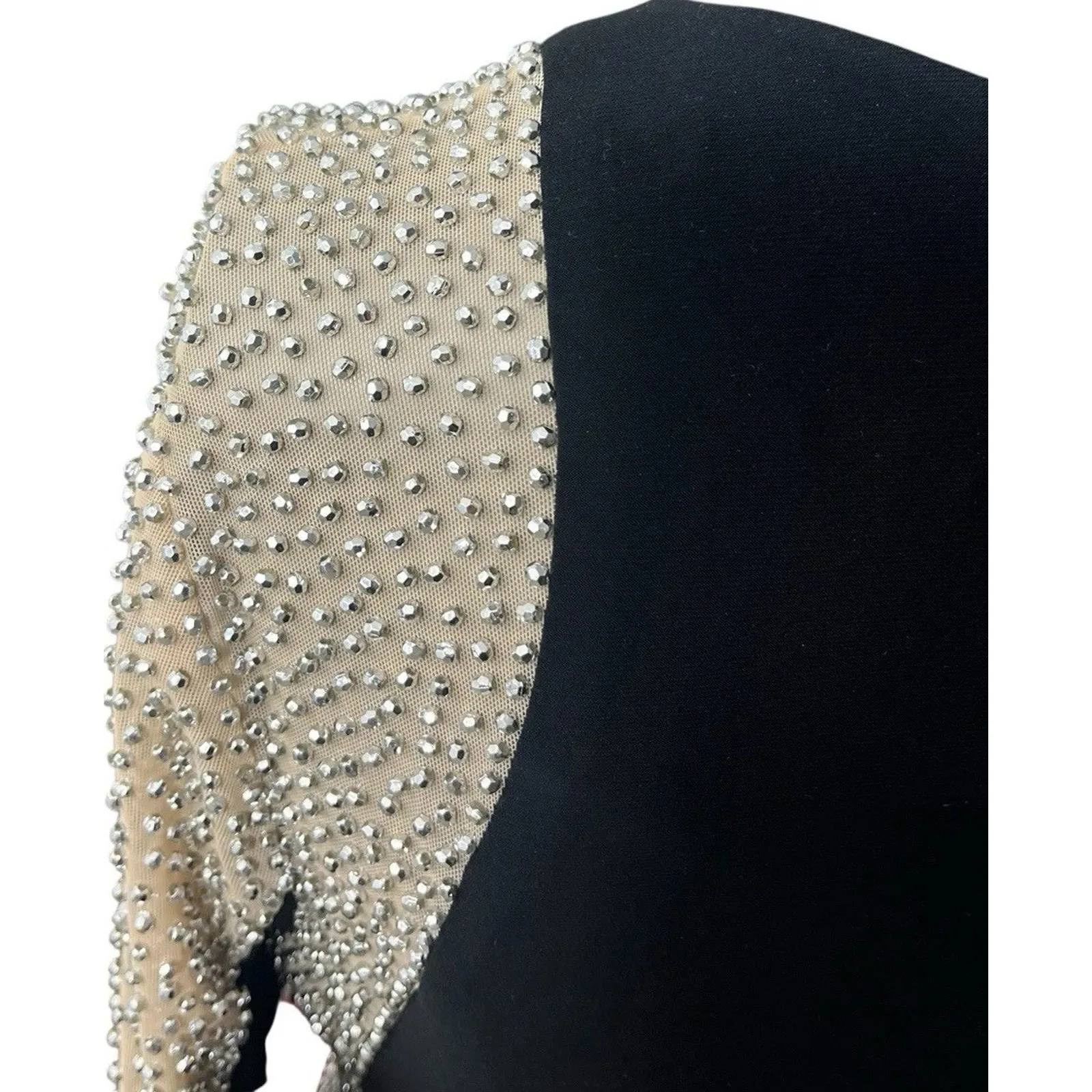 XSCAPE Black Beaded Illusion Long Sleeve Bodycon Dress Size 14 Event Prom - Image 6