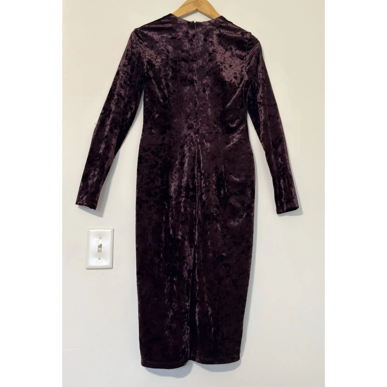 Maggy London Burgundy Crushed Velvet Midi Dress, Long Sleeve, Size 2 - Image 7