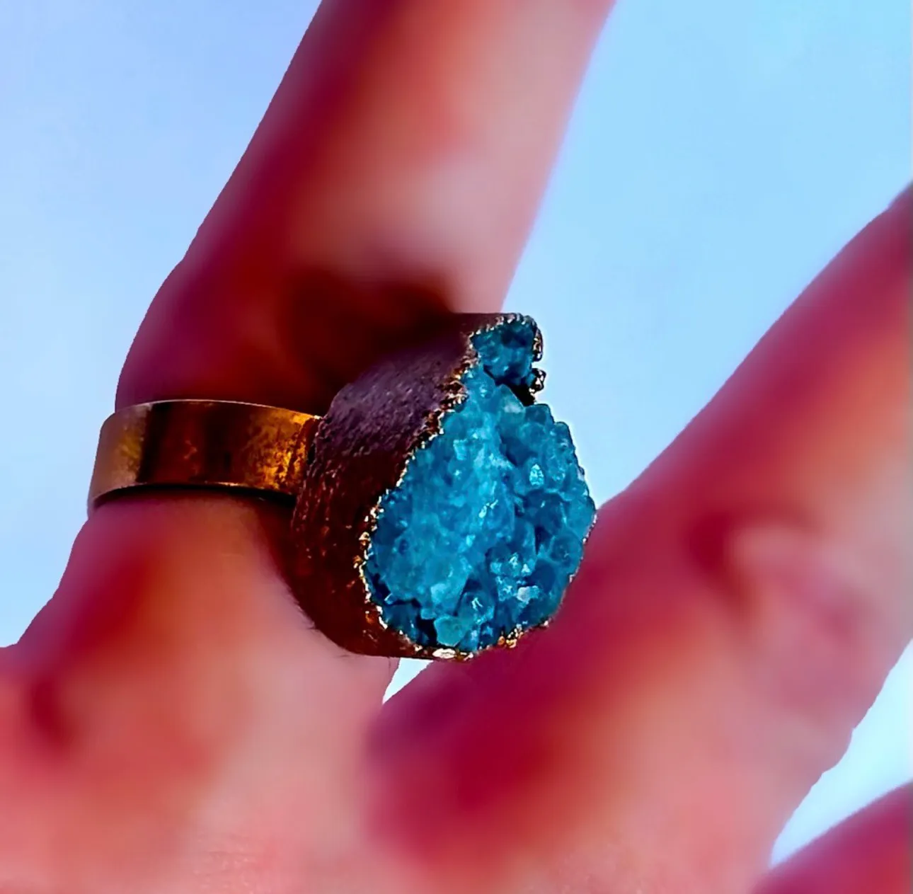 Size 6.5 7 7.5 Teal Blue Gem Aqua Druzy Crystal Fine Original Art Ring Freeform Gemstone UNISEX Solid Metal Plated Gold Filled Rustic Free Form - Image 6