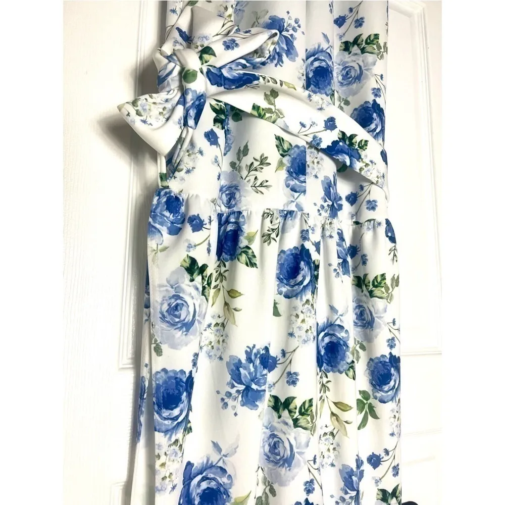 PLT White Blue Floral Scuba High Neck Tie Waist Jumpsuit Women’s Size 12 - Image 7