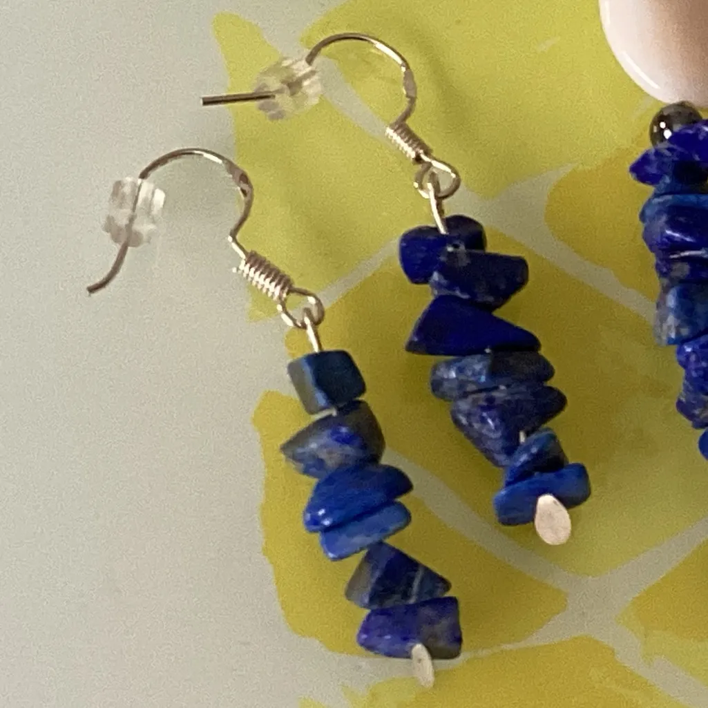 Vintage Lapis Lazuli Chips .925 Sterling Silver 1.5” Earrings Handmade Bohemian - Image 4