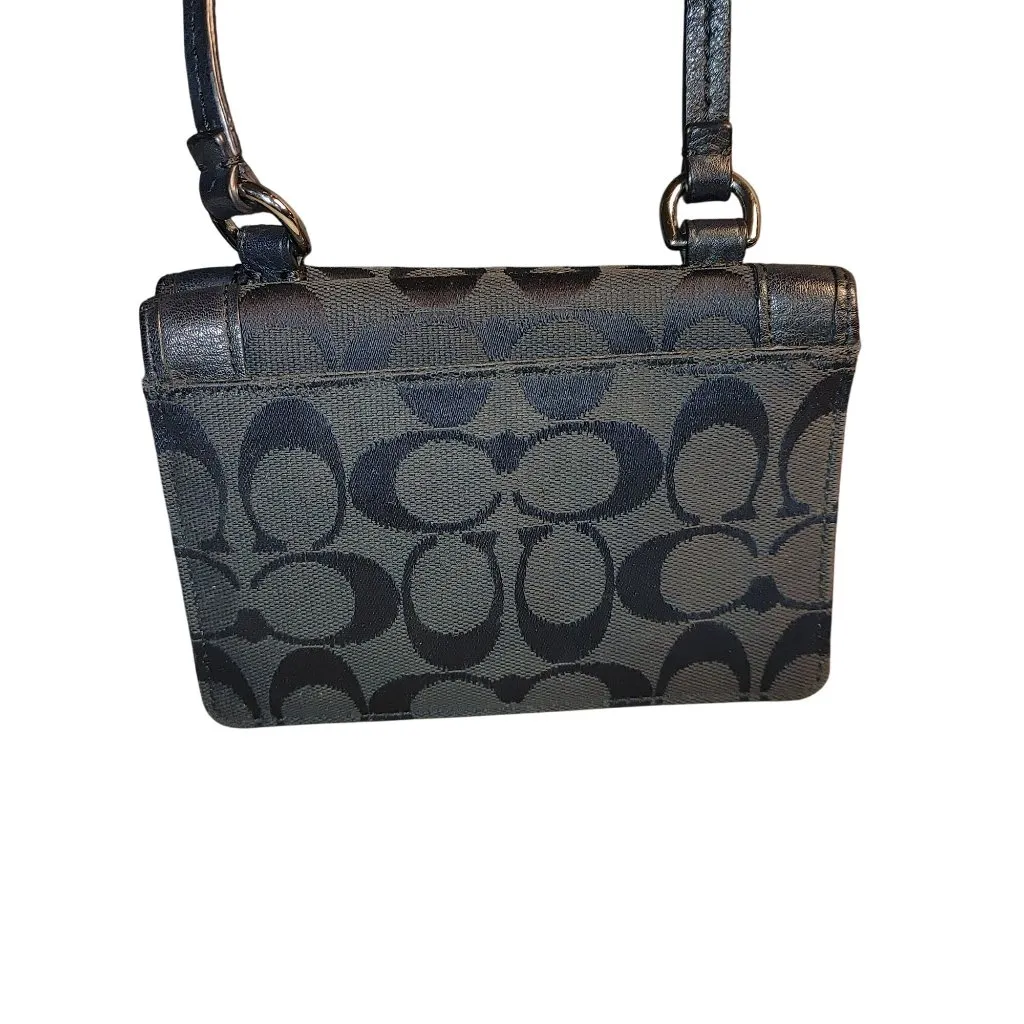 Coach Signature Black Crossbody Wallet Canvas Leather Turnlock Closure Compact - Image 2