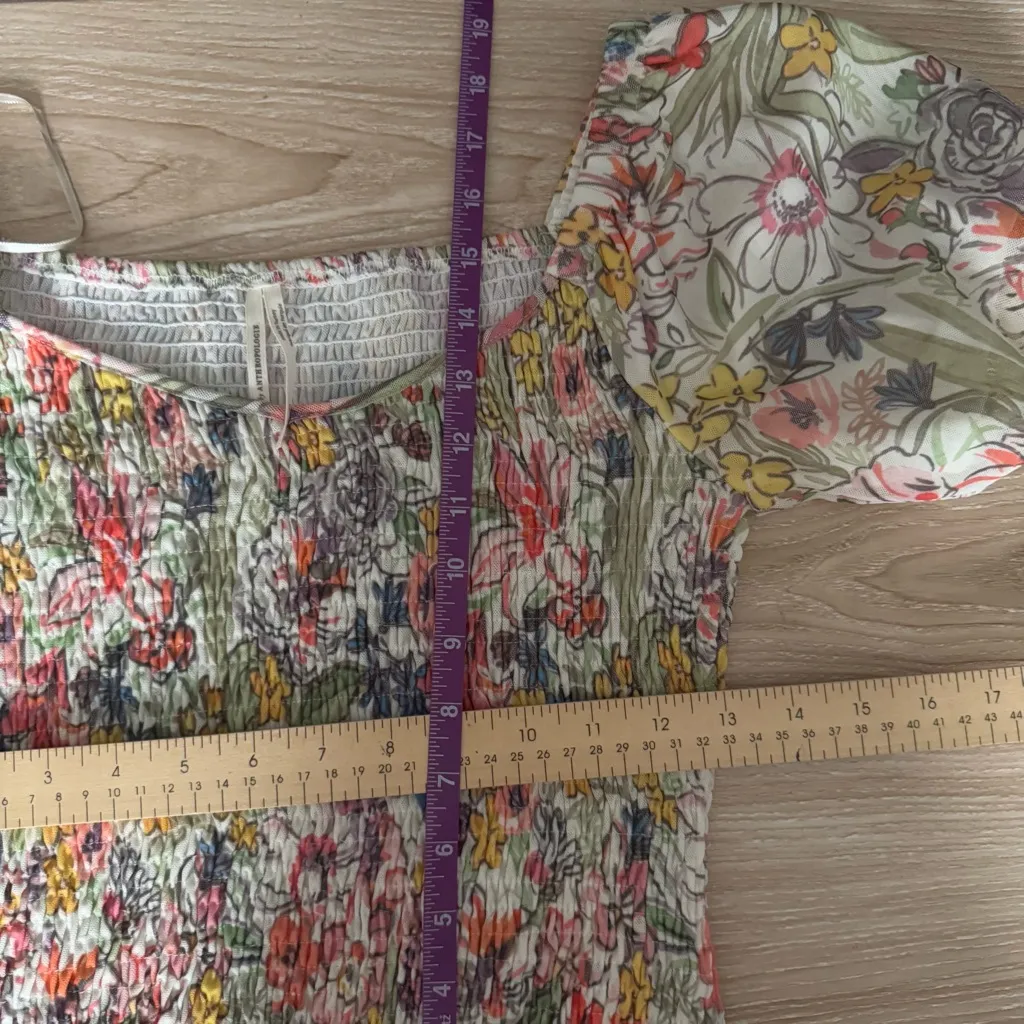 Anthropologie XS Aurelia Smock Top Floral Puff Short Sleeve Open Neck Cottage - Image 7