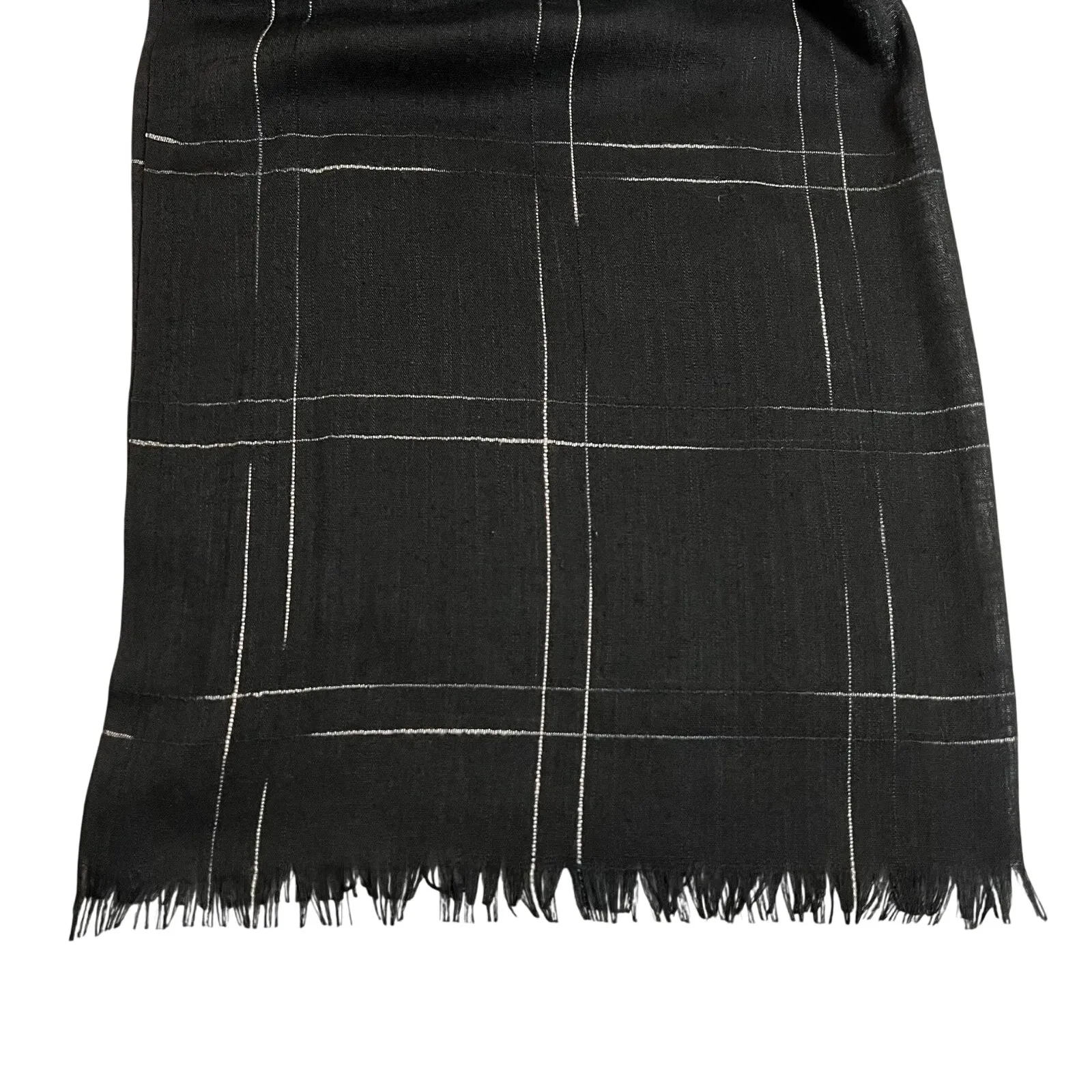Women's Windowpane Scarf with Raw Hem Preppy Lightweight Minimalist Modest Black - Image 2