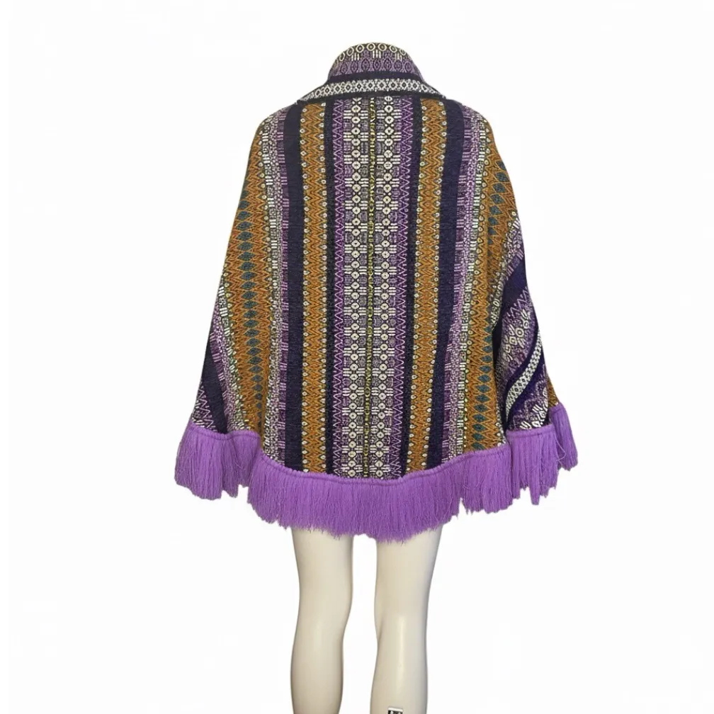 VINTAGE Poncho Full Zip Arm Holes Collar Purple Print Fringe Pom Poms One Size Size undefined - Image 2