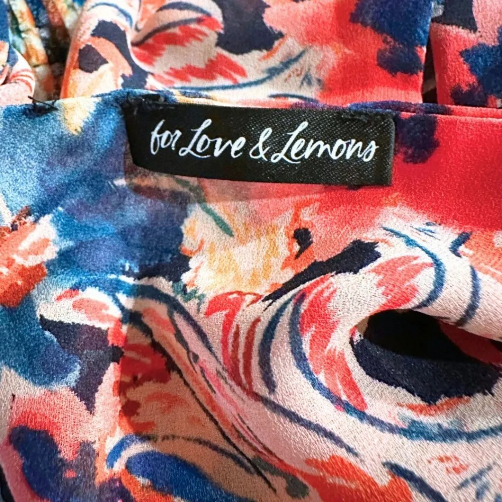 For Love & Lemons Brooklyn XS Multicolor Floral Velvet Ruched Mini Dress Cross Blue - Image 7