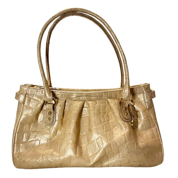 BRAHMIN Croc Embossed Leather Satchel Dual Handle Zipper Closure Cream Handbag - Image 1