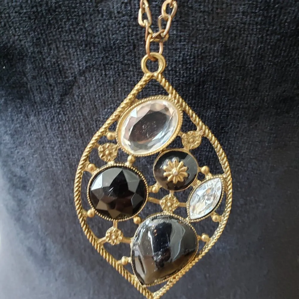 Women Gold Tone Cable Chain Black White Crystal Pendant Necklace w/Lobster Clasp - Image 4