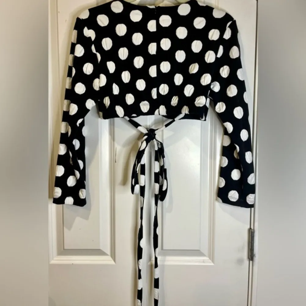 Autumn Adeigbo‎ Bianca Cropped Underwire Polka Dot Wrap Long Sleeve Top Sz 8 Black - Image 4