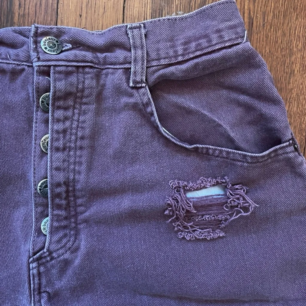 90s Vintage Bonjour Purple High Waist Button Fly Distressed Shorts Sz 26”/ 2 - Image 6
