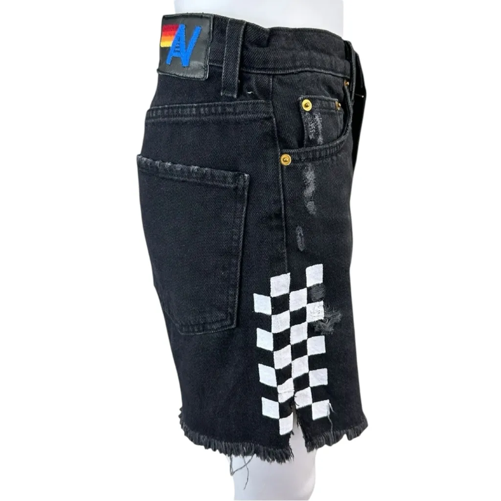 Aviator Nation NWT Black Hi Rise Skater Cut Off Side White Check Shorts Size 25 - Image 2