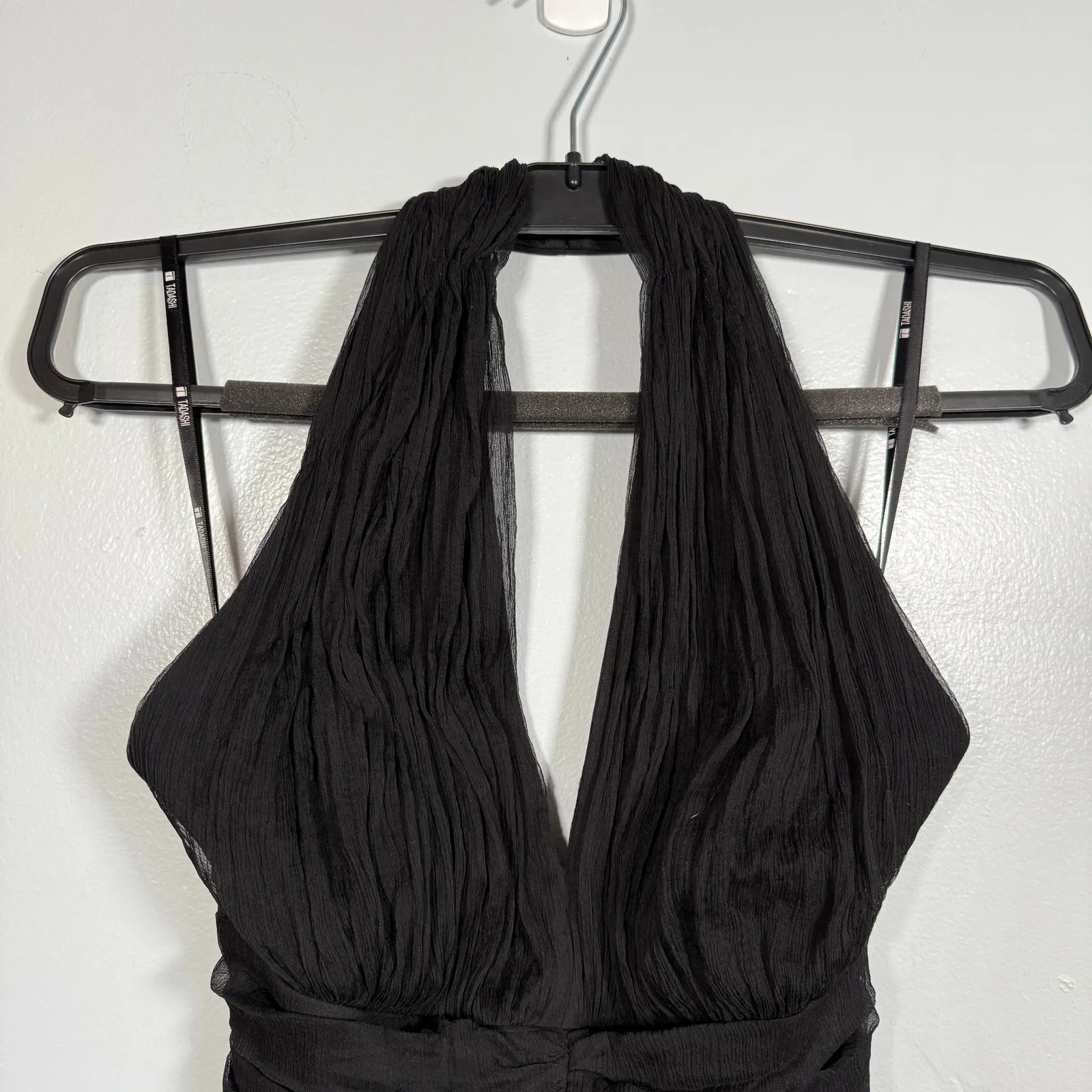 Vintage 90s Tadashi Silk Ruched Halter Dress Black Bodycon Midi Cocktail Formal - Image 7