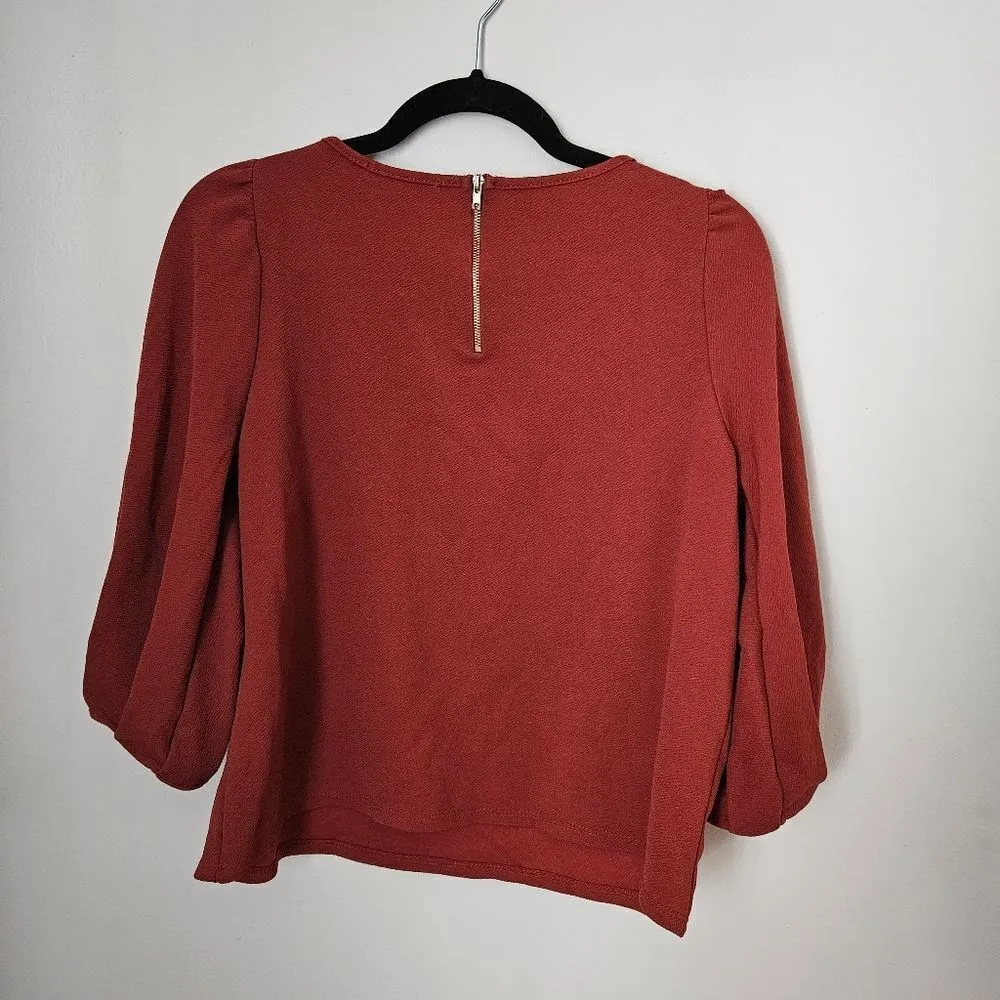 Green Envelope Blouse Red Crewneck Business Casual Fall Winter Solid Trendy Size M - Image 5