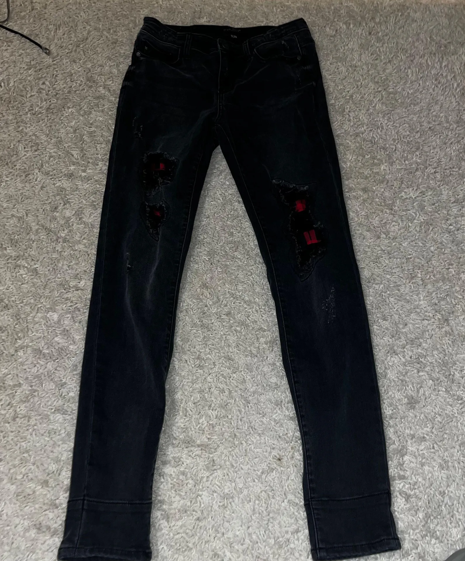 Plaid Patch Distressed Skinny Jeans Black Wash 7 28 - Image 2