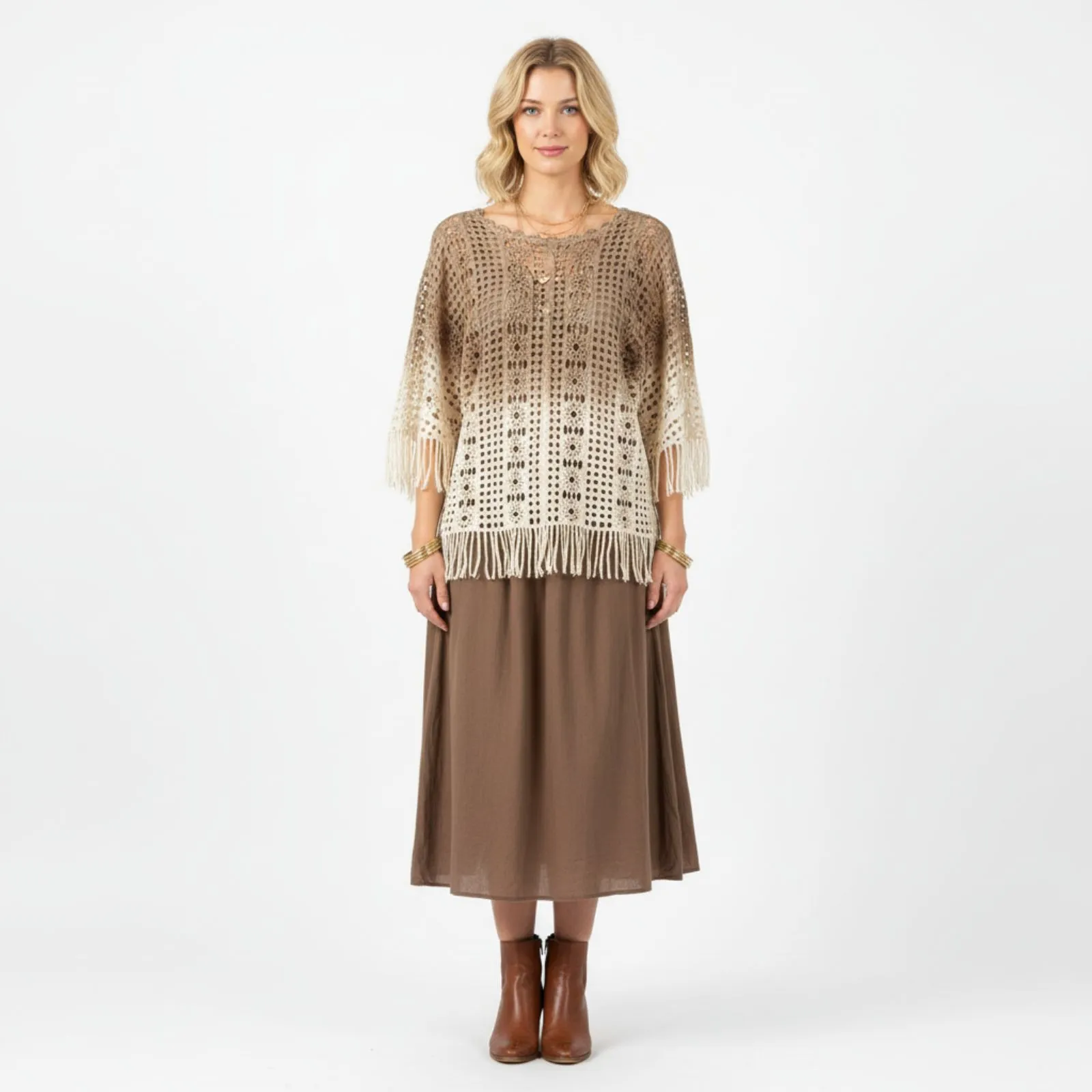 Haute Hippie Tan Sheer Short Sleeve Crochet Lace Fringe Blouse Top OS - Image 8