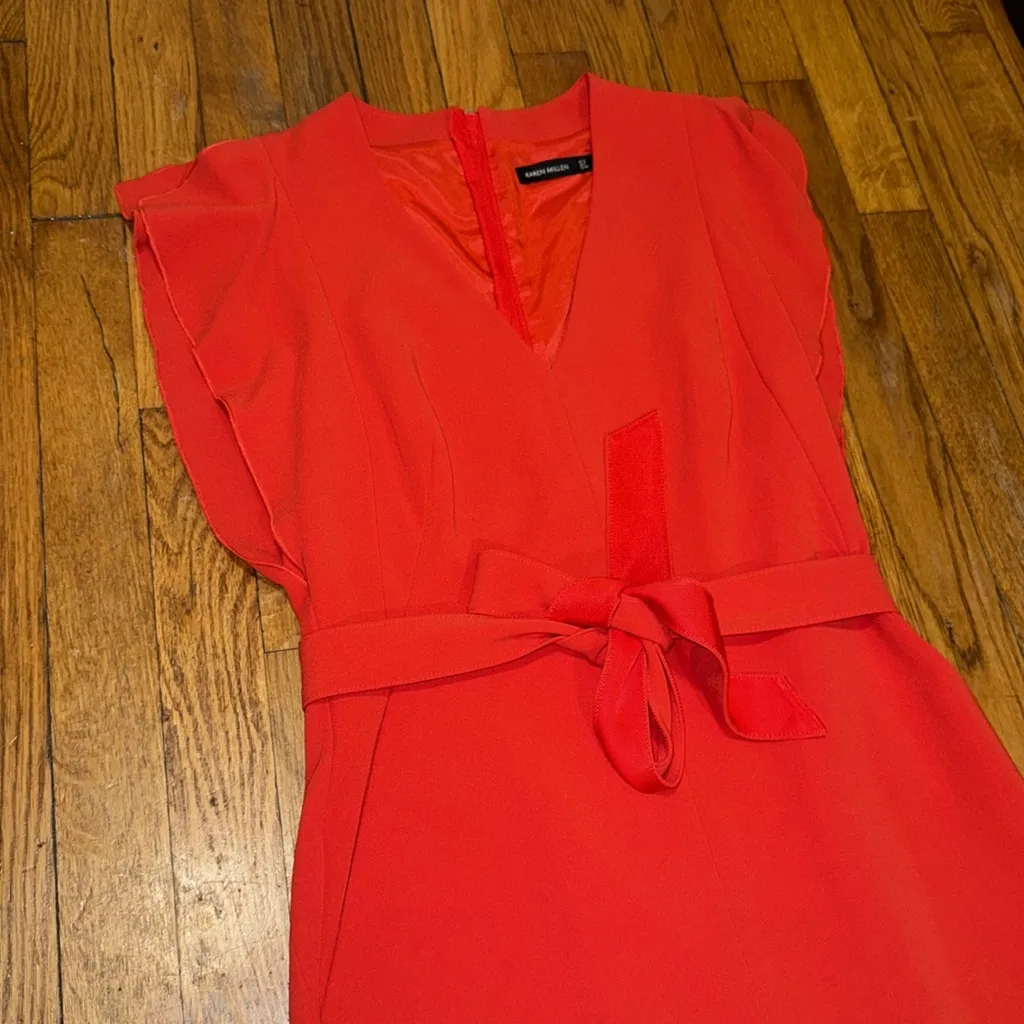 Karen Millen belted pencil v neck midi dress pencil office chic red flutter 8 - Image 3