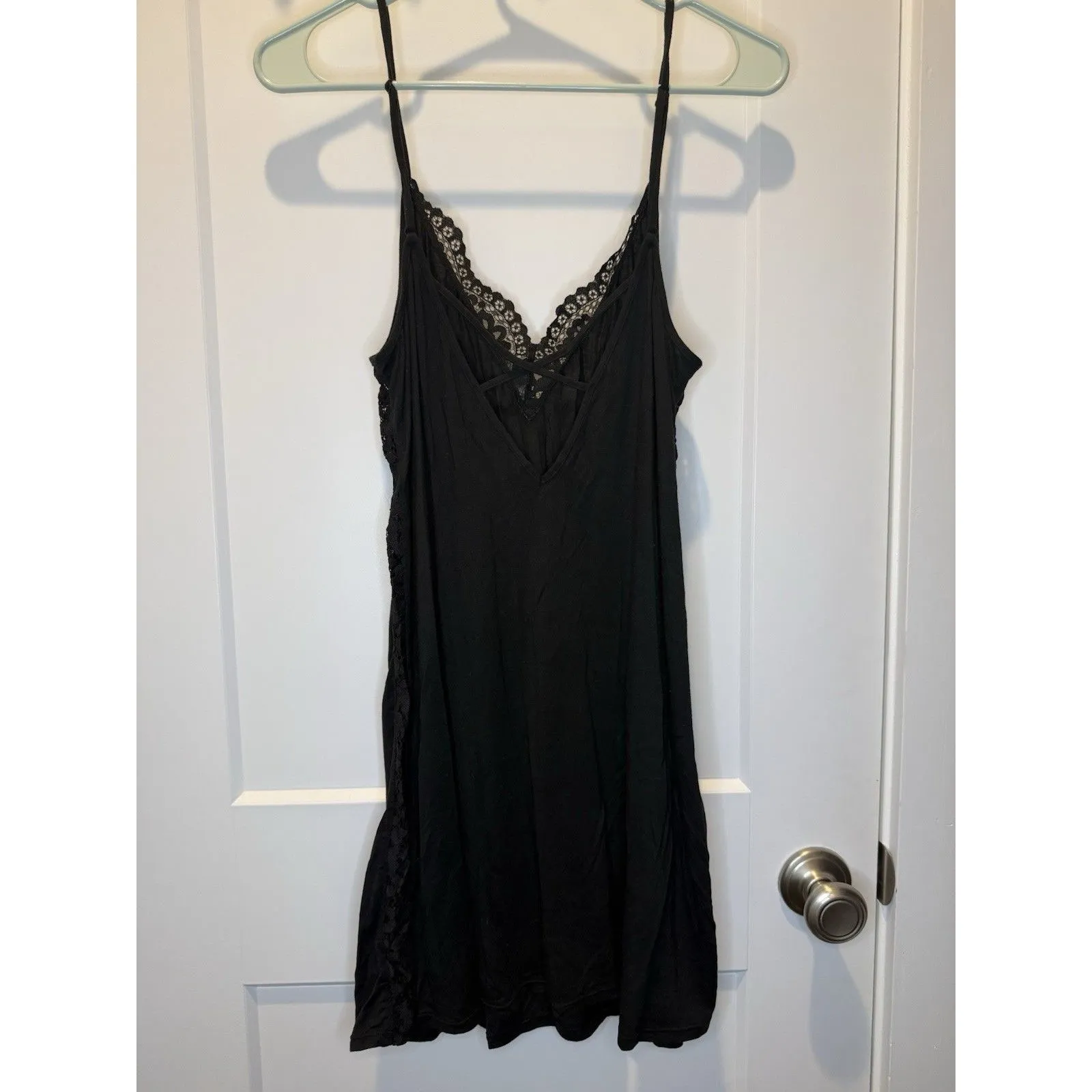 Victoria Secret Soft Modal Lace Trim Mini Slip Sleep Dress Black Large V-Neck - Image 4