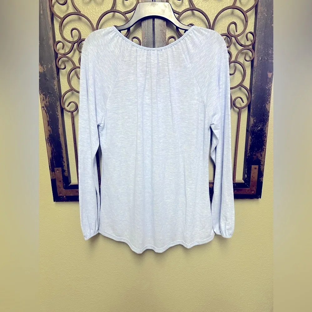 Poof stretchy tie neck boho embroidered 3/4 sleeve top - Image 2