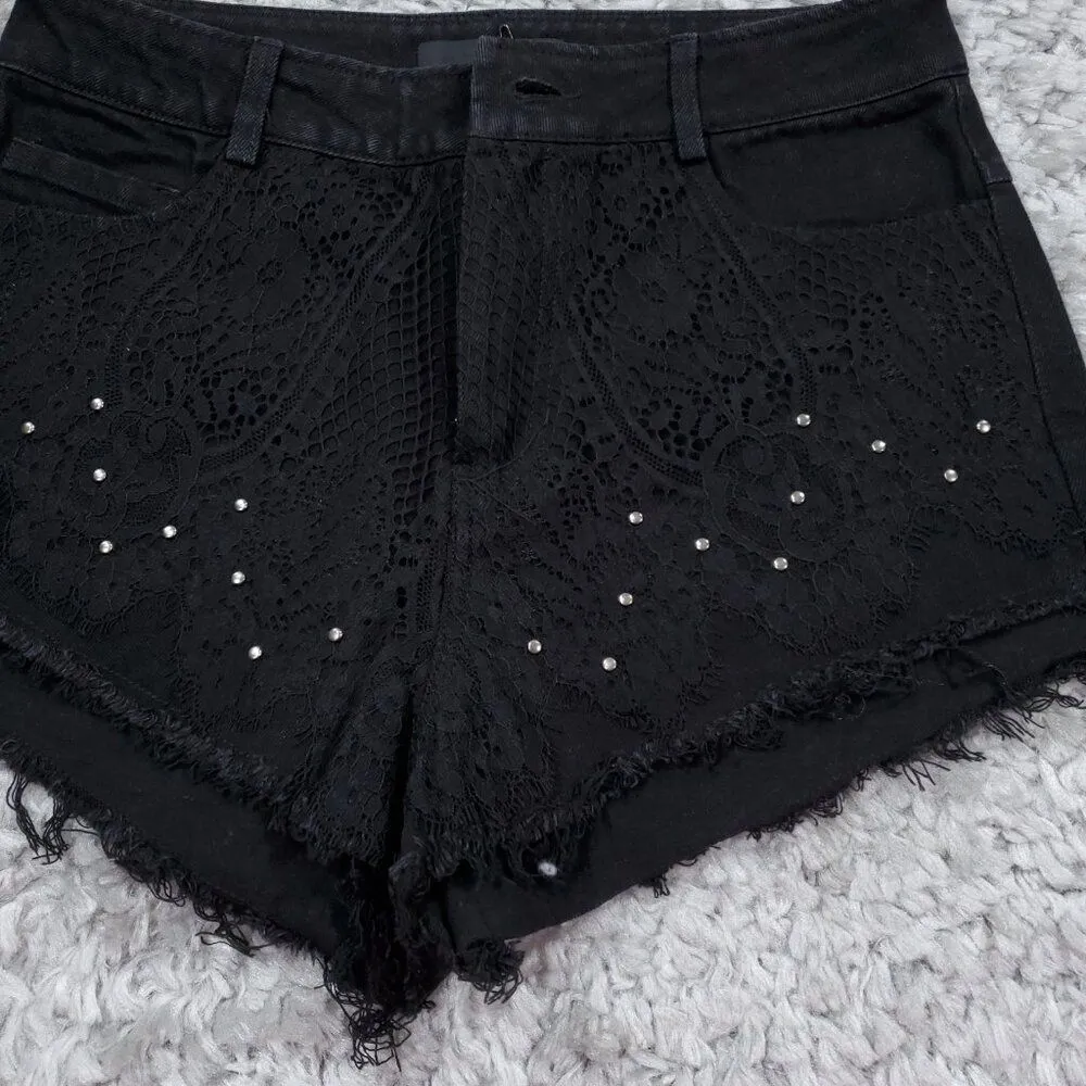 READ Punk Rave Studded Lace Overlay Black High Rise Denim Jean Shorts Cutoff Size undefined - Image 5