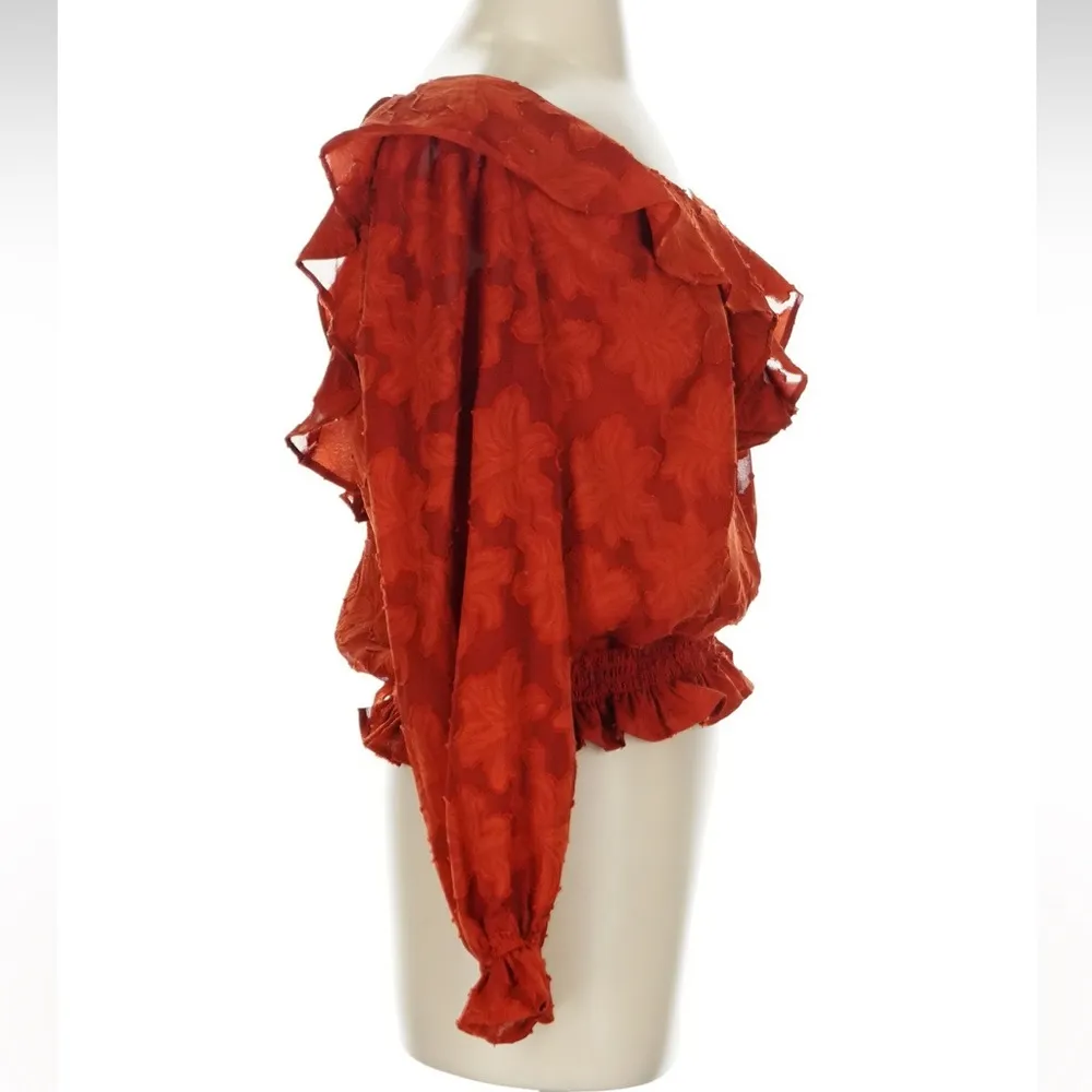 Anthropologie Textured Floral Ruffle Blouse Top Shirt Rust Crimson Size XS Boho - Image 5